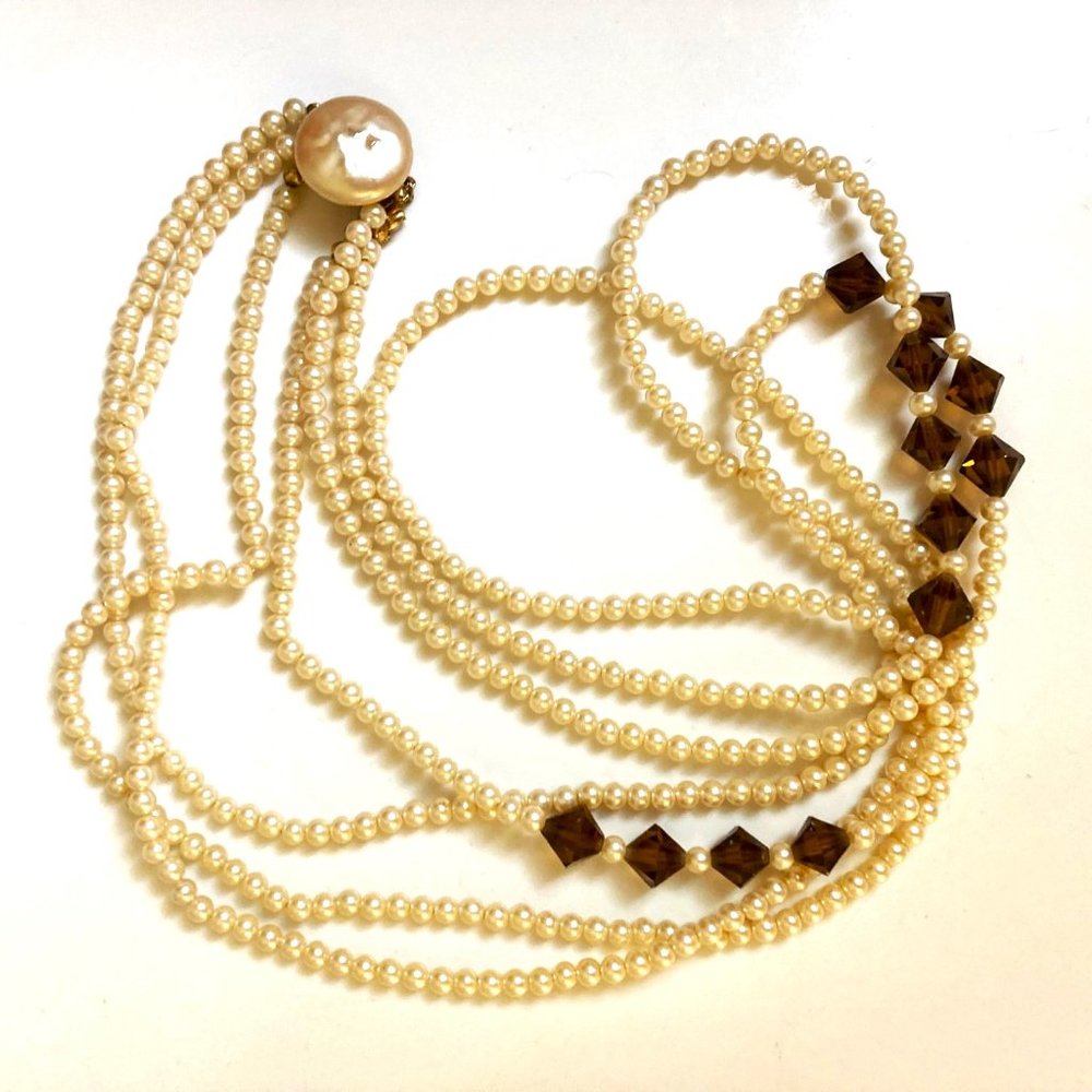 Gleaming faux pearl and smoky topaz vintage necklace signed Japan